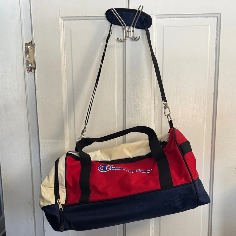 Champion Red, White, and Navy Colorblock Duffel Bag with Logo